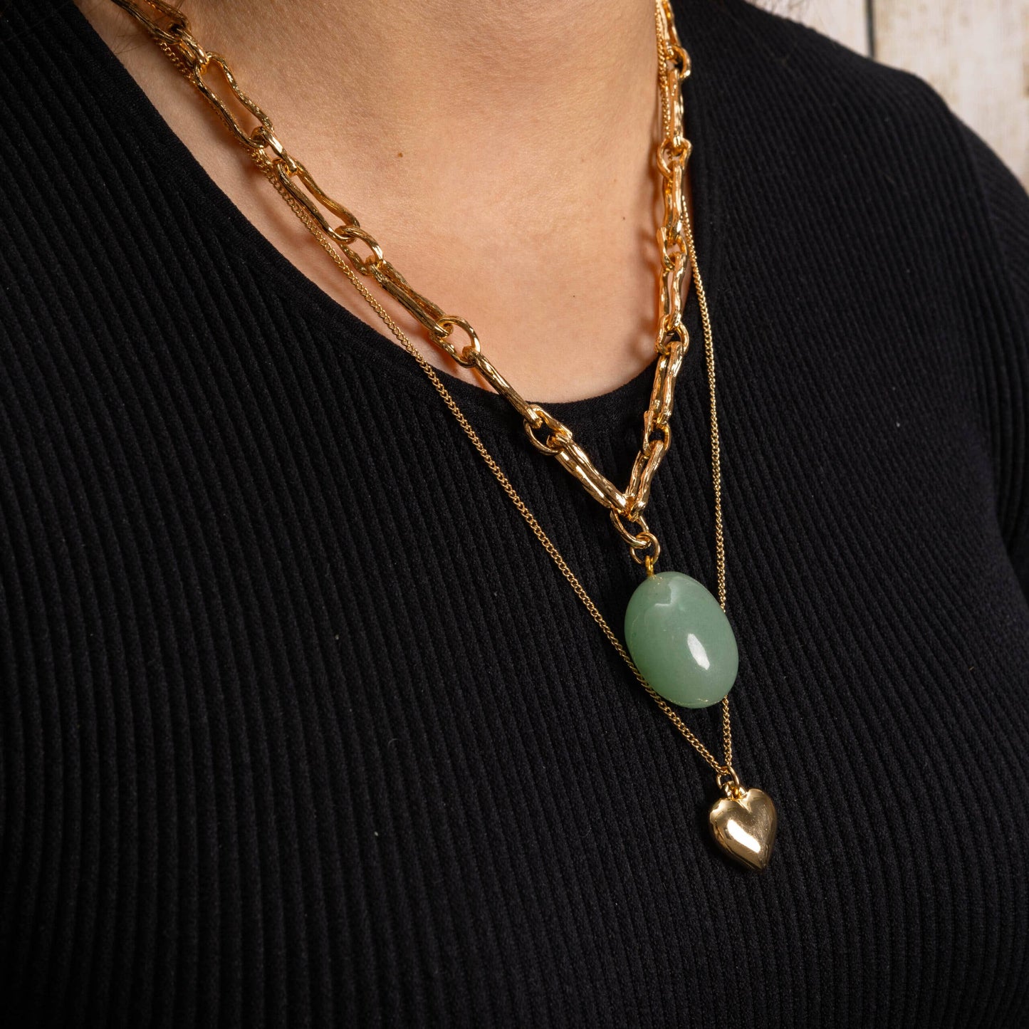 Layered Necklace in gold- with Green stone and Heart NK392GG