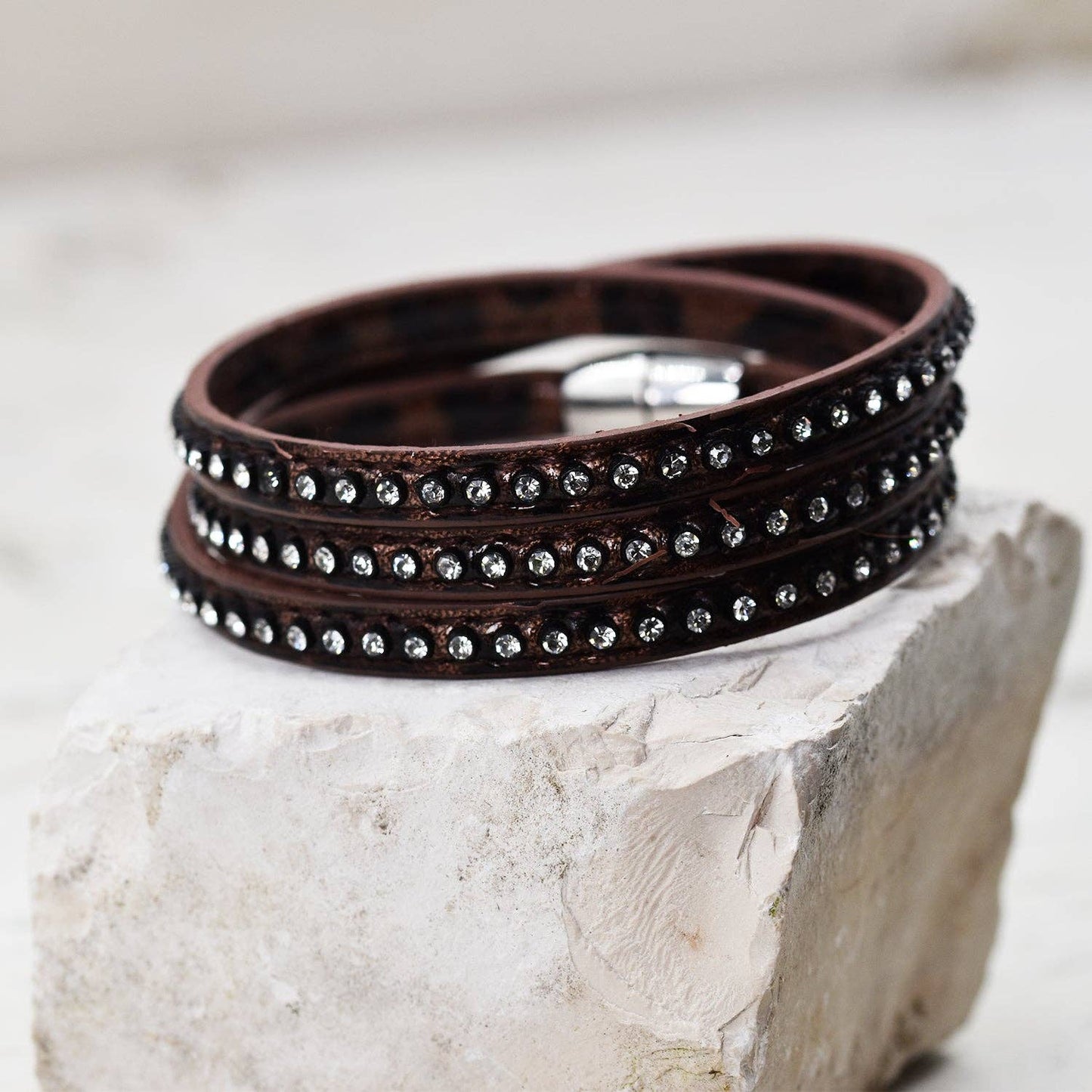 Brown mix triple wraparound bracelet with crystal strip
