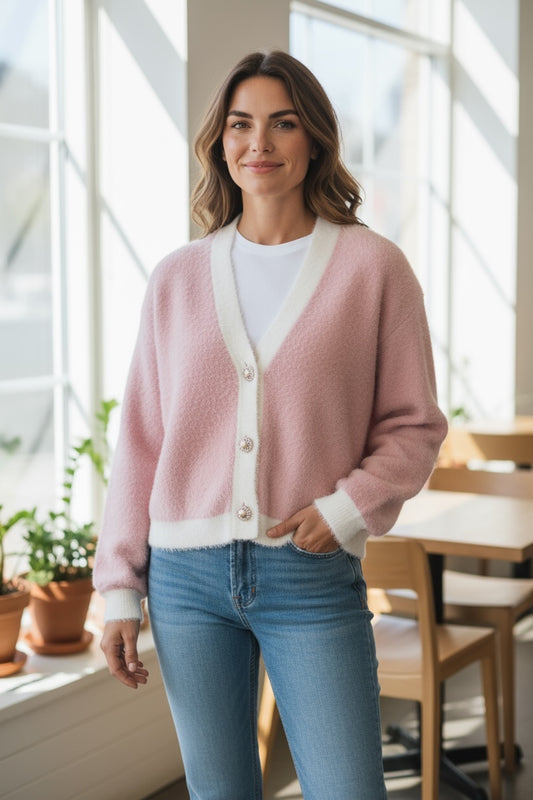 Contrast Pink/Cream Soft Touch Cardi