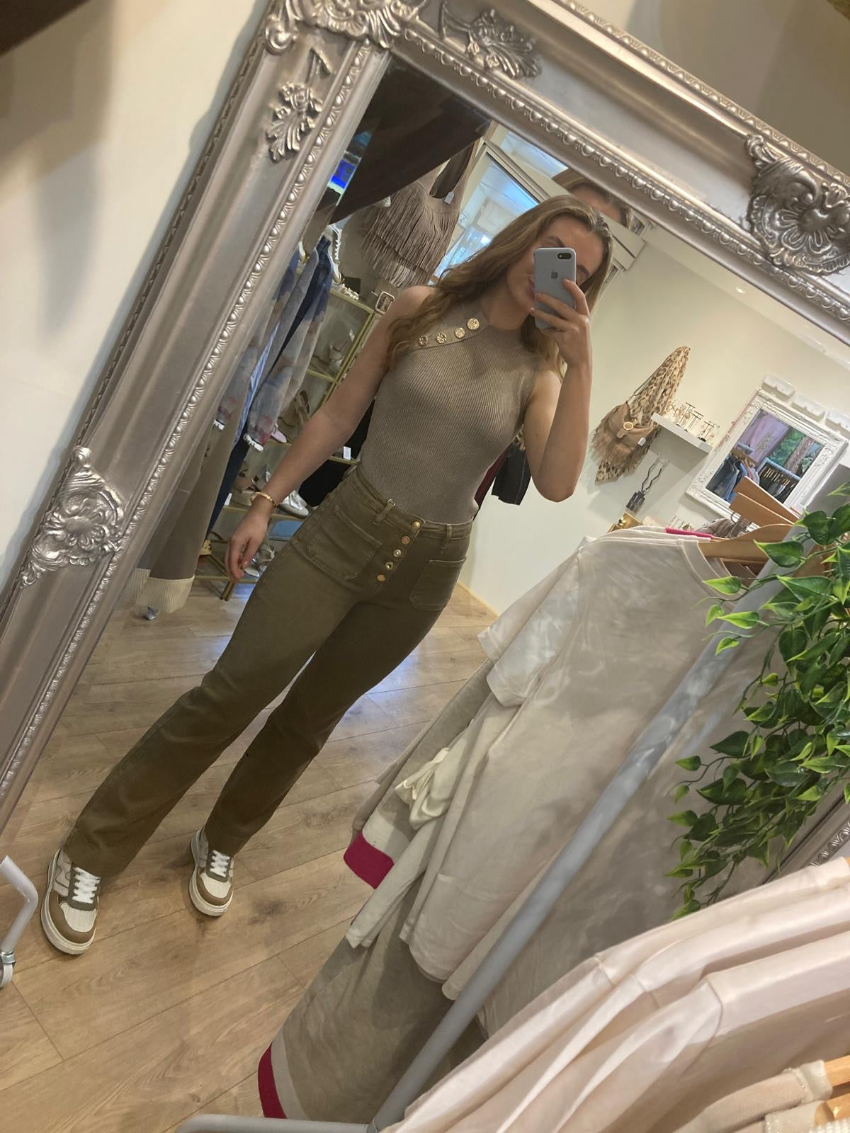 Khaki Button Front Jeans