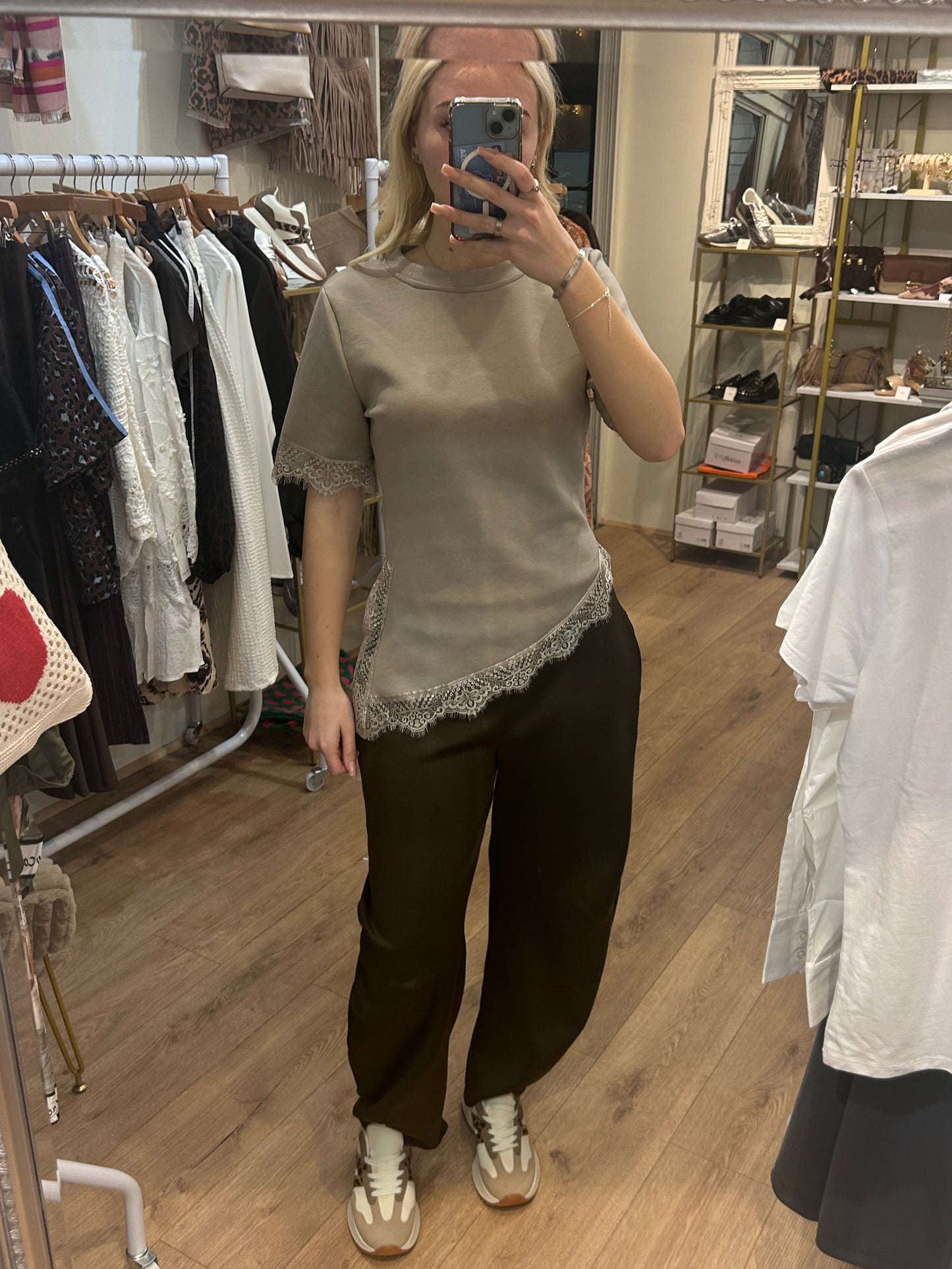 TAUPE LACE TRIM TSHIRT