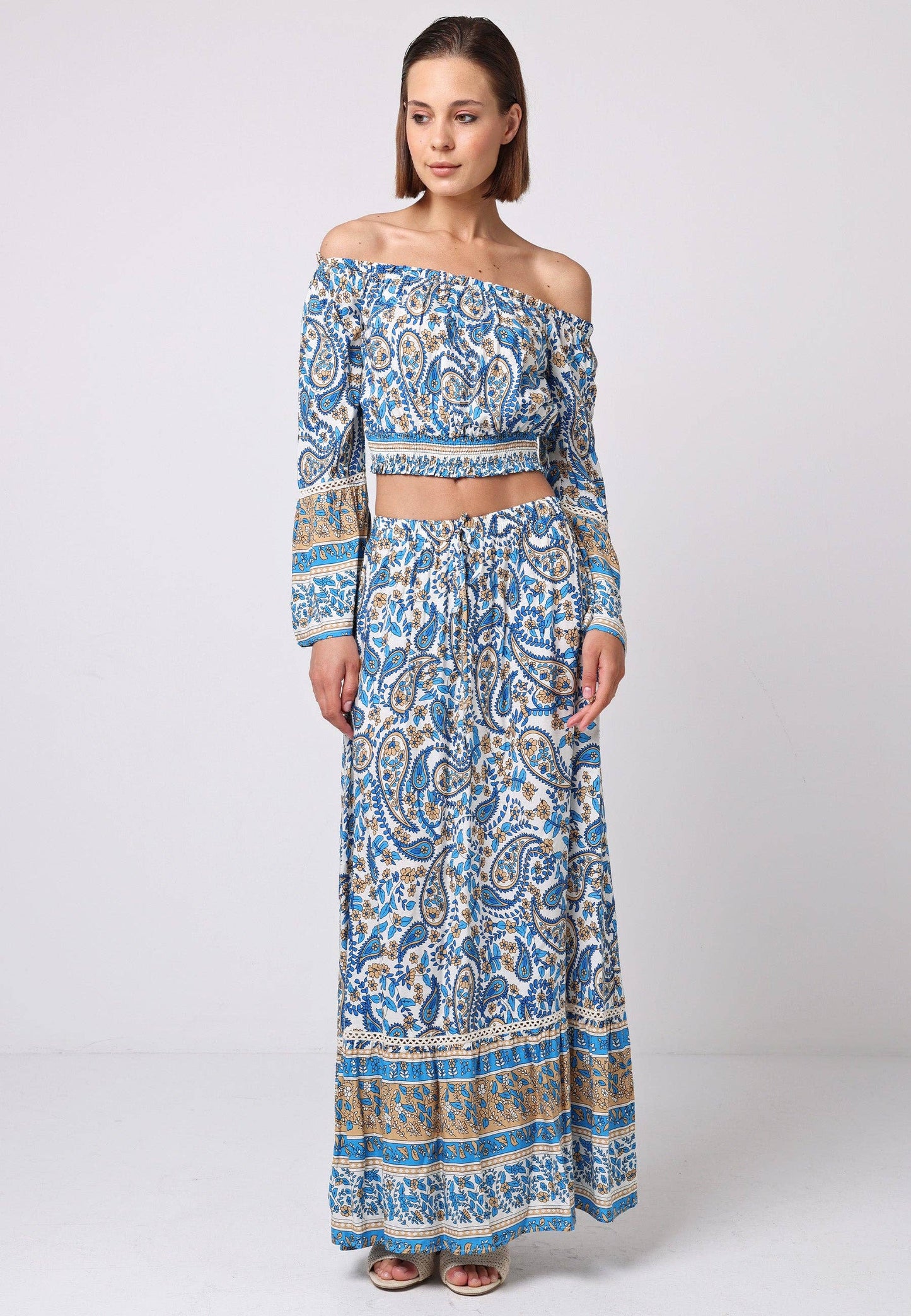 Boho Bardot Top in Blue Paisley Print