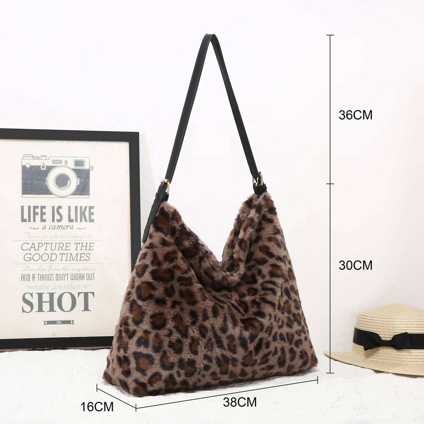 Brown Faux Fur Leopard Print Slouch Bag