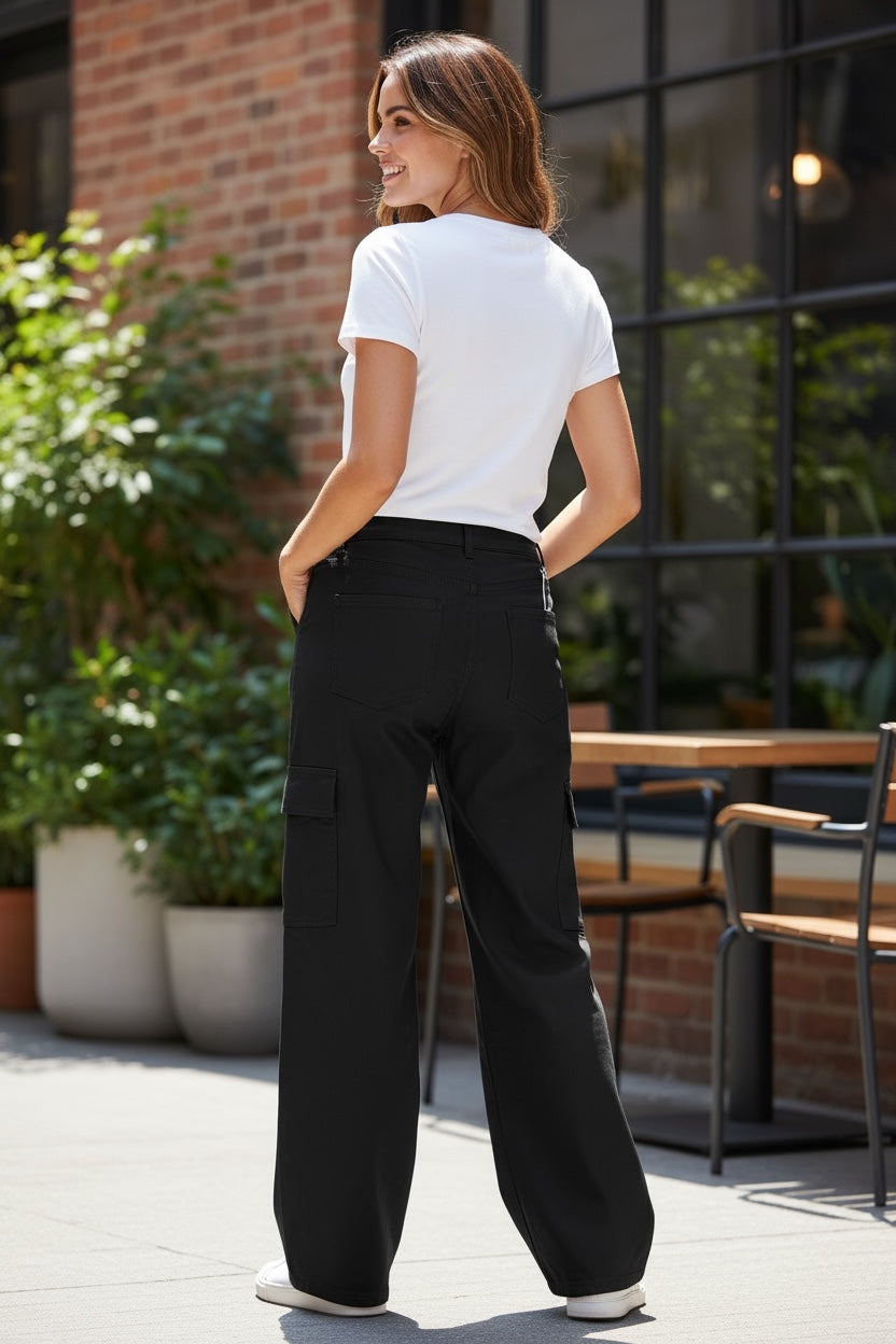 Black Stretch Coated Cargo Trouser