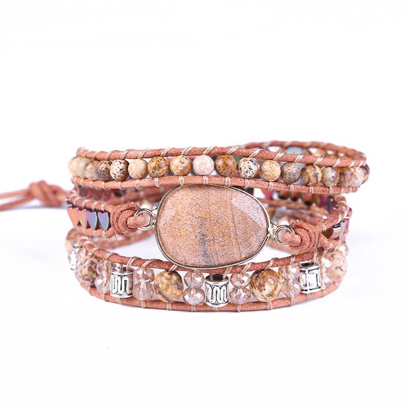 Boho Ethnic Pictured Stone Crystal Leather Bracelet