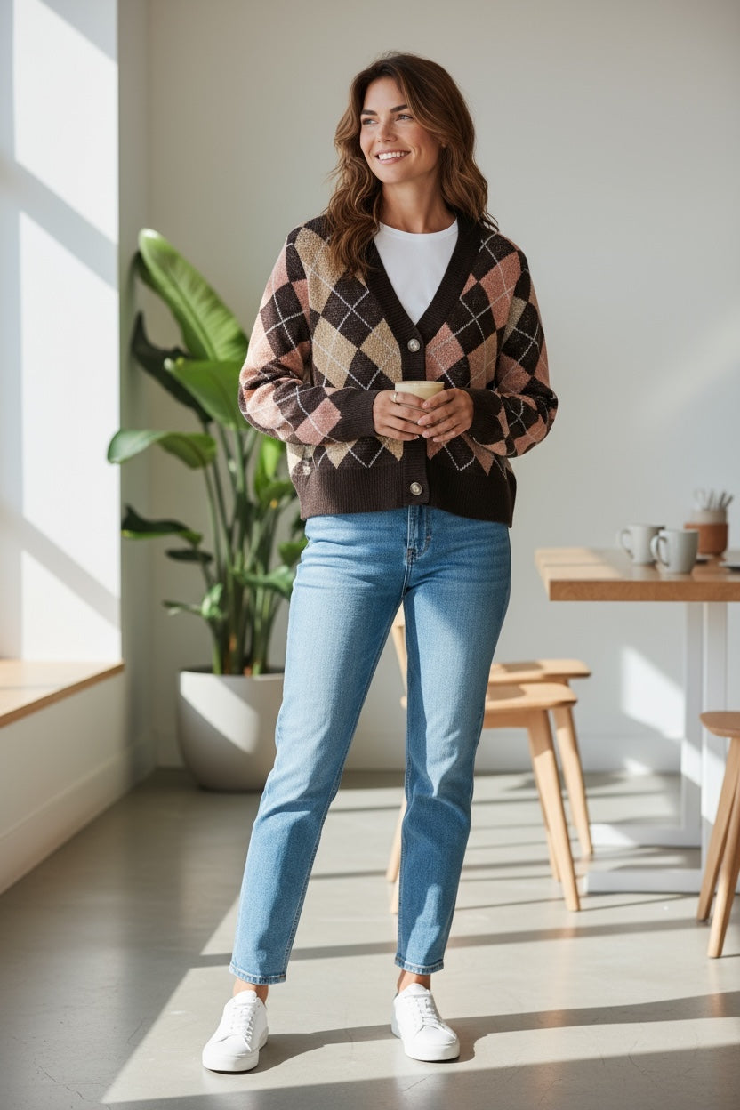 Argyle pattern Brown/pink Cardigan