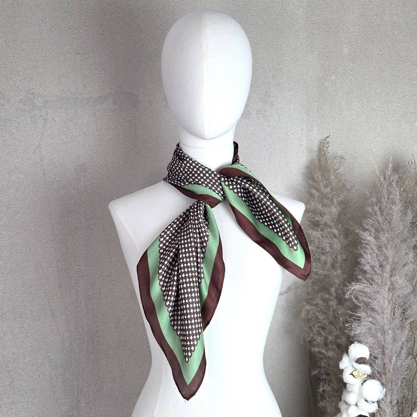 Dotty silk feel neck scarf with green border