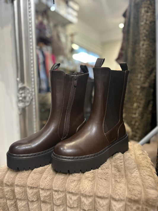 Chocolate Mid-calf Faux Leather ankle boots with platform sole