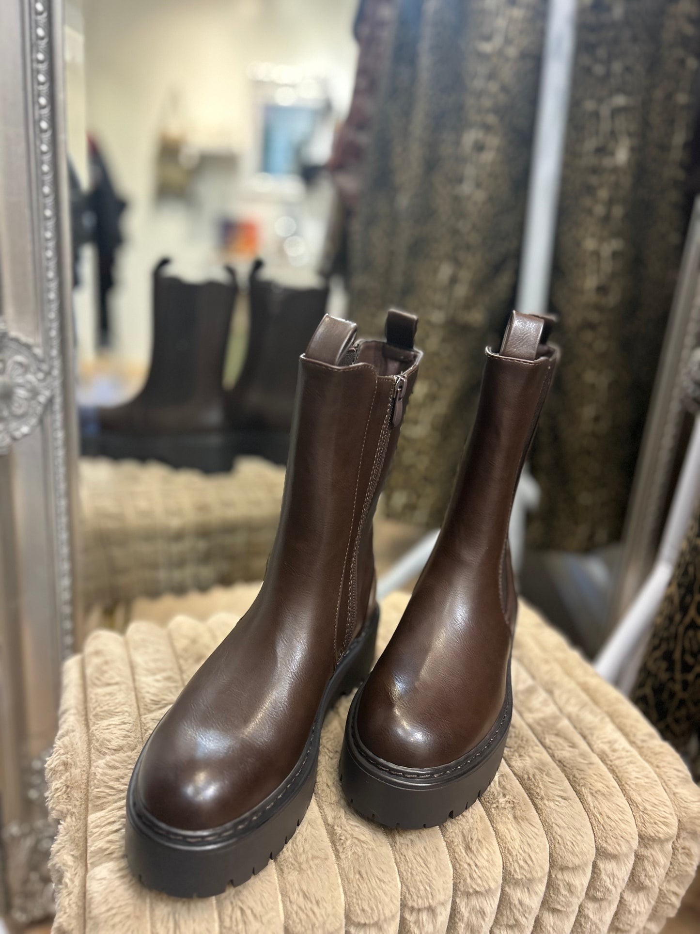 Chocolate Mid-calf Faux Leather ankle boots with platform sole