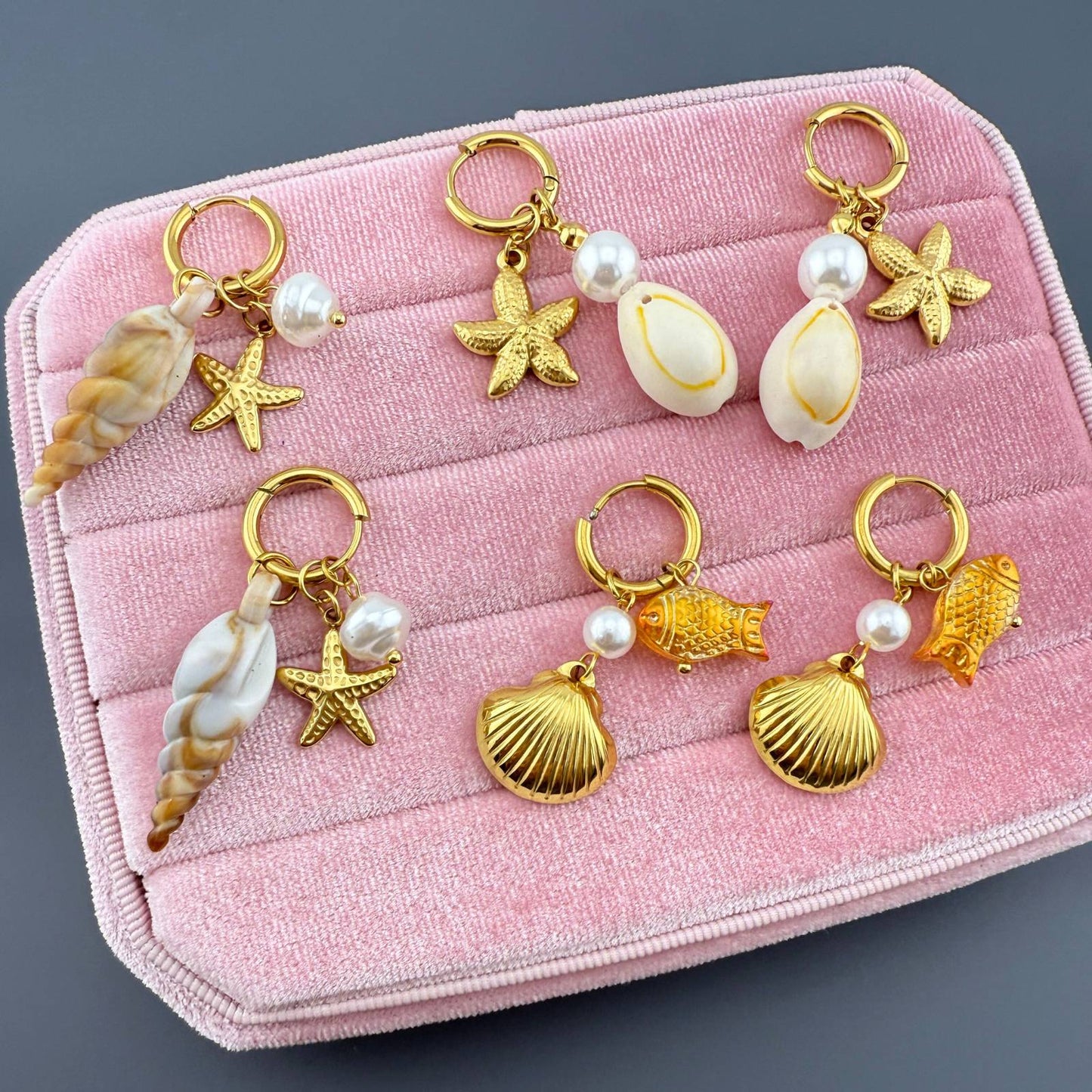 STARFISH AND SHELL EARRINGS - 18K GOLD PLATED STEEL