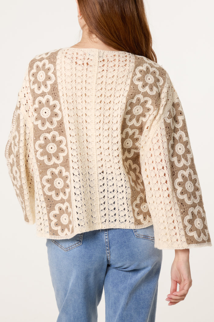 MOCHA FLORAL CROCHET WIDE SLEEVE CARDIGAN