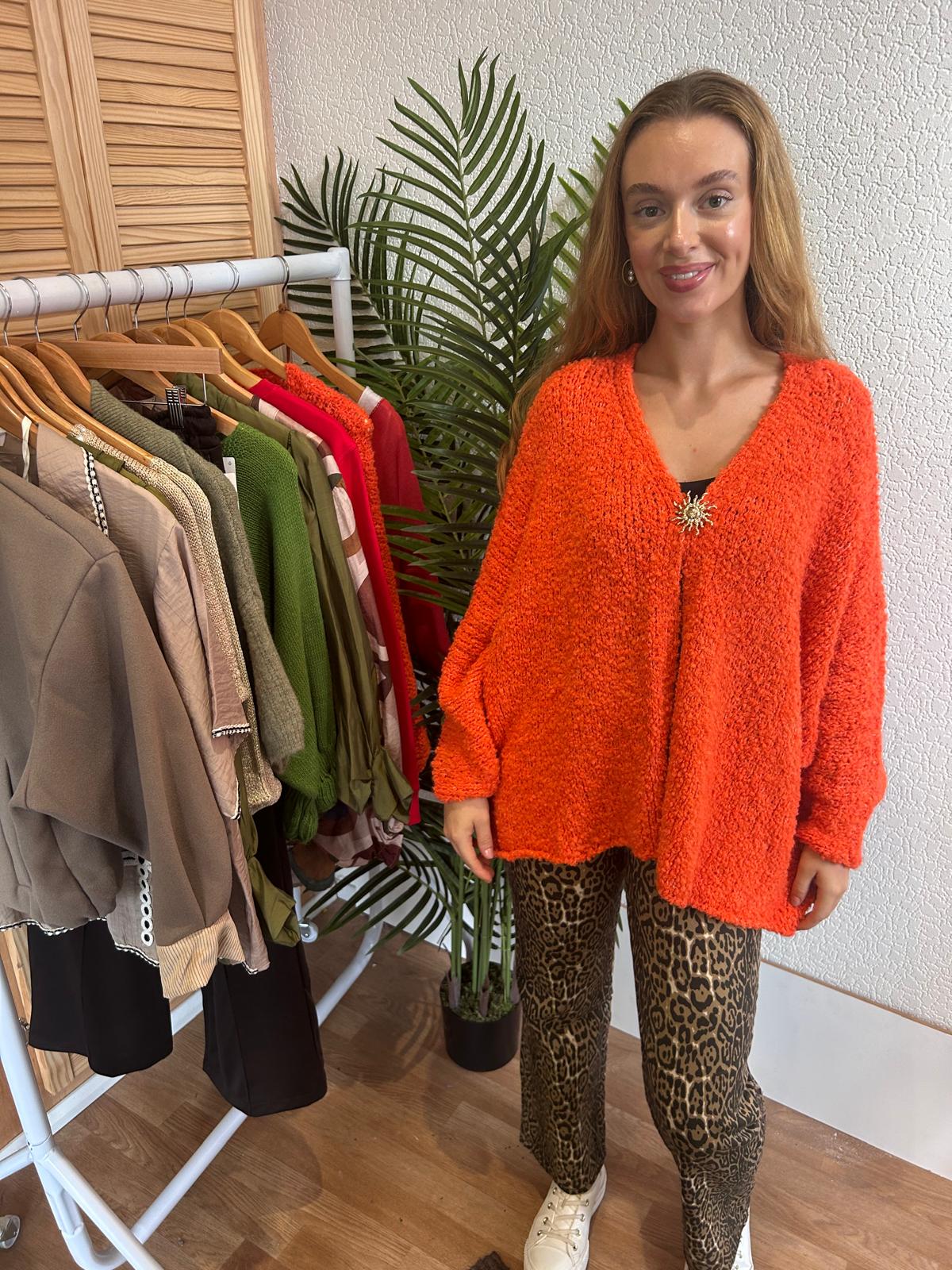 Orange Soft Knit Cardigan with Sun Broach