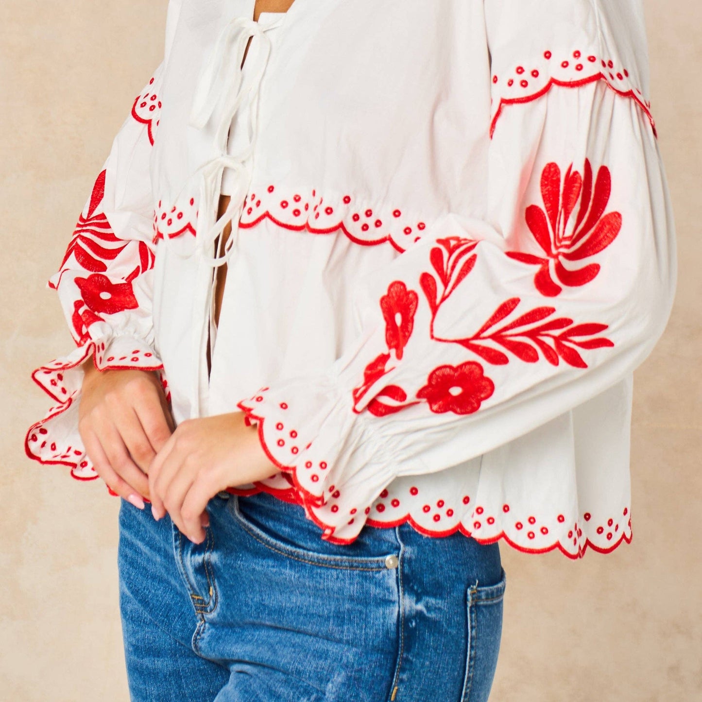 WHITE/RED EMBROIDERED TIE FRONT SHIRT
