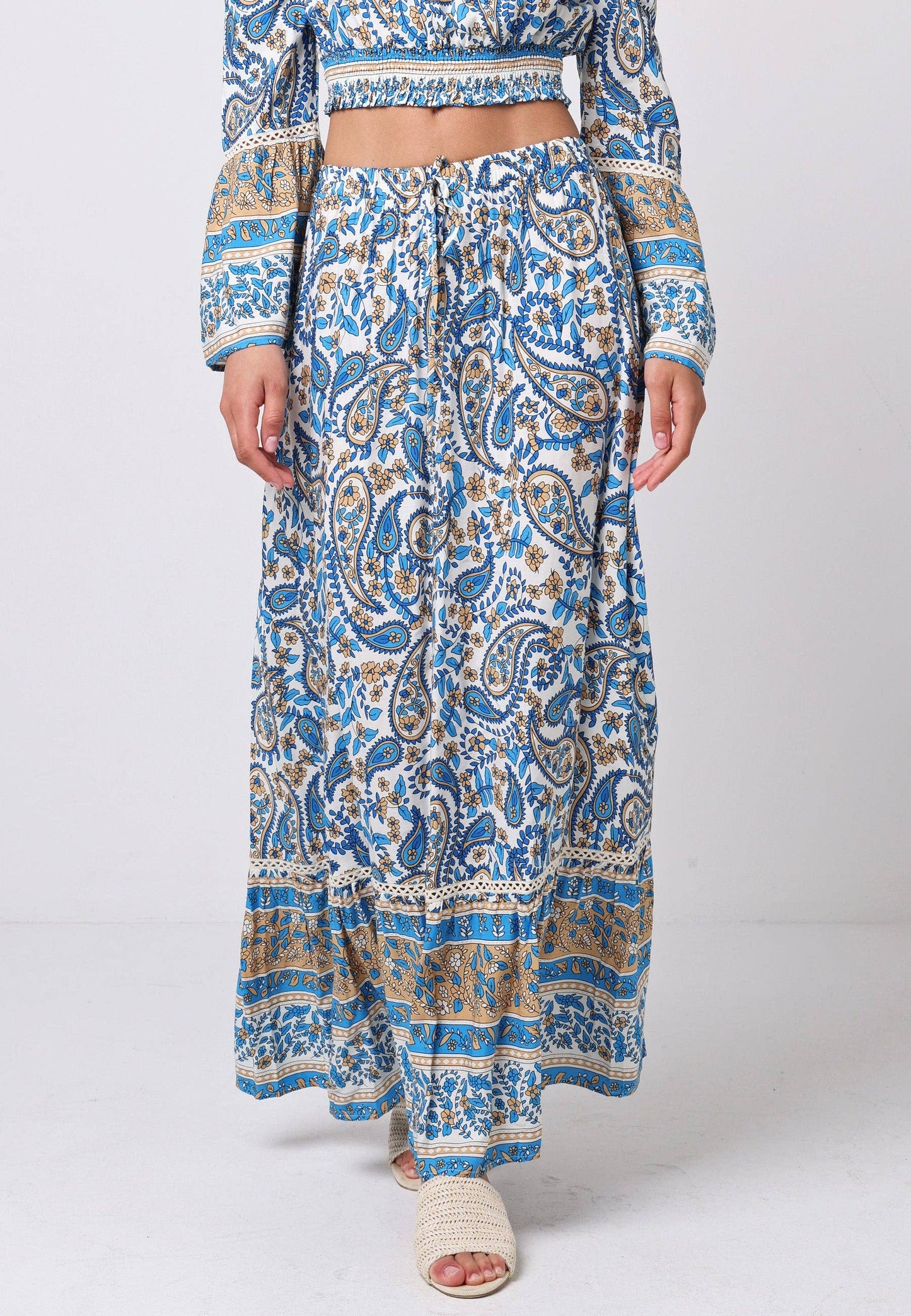 Boho Maxi Skirt in Blue Paisley Print
