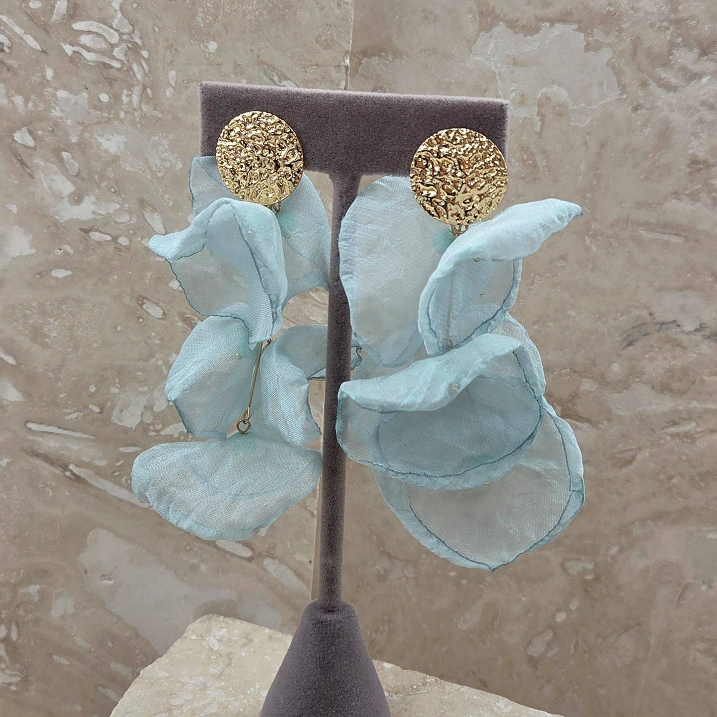 Light weight sheer fabric dangle earrings with bead centre: Cream
