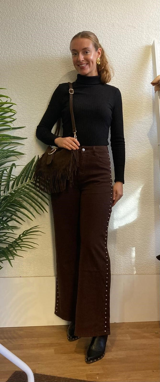 Chocolate stretch Studded Wide Leg Jean