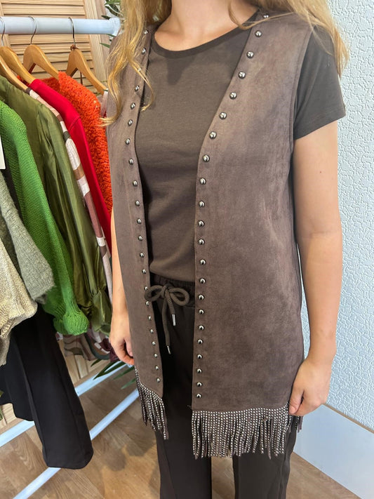 Chocolate Studded Fringed Gilet