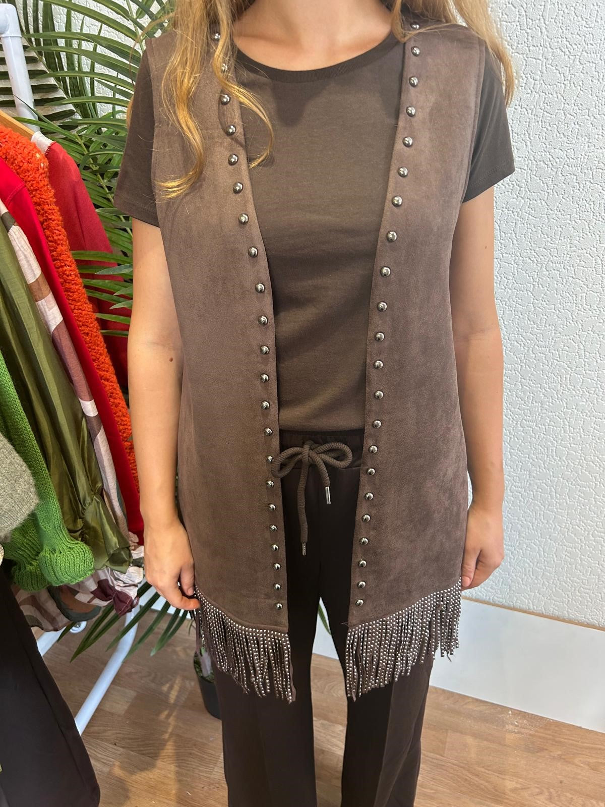 Chocolate Studded Fringed Gilet