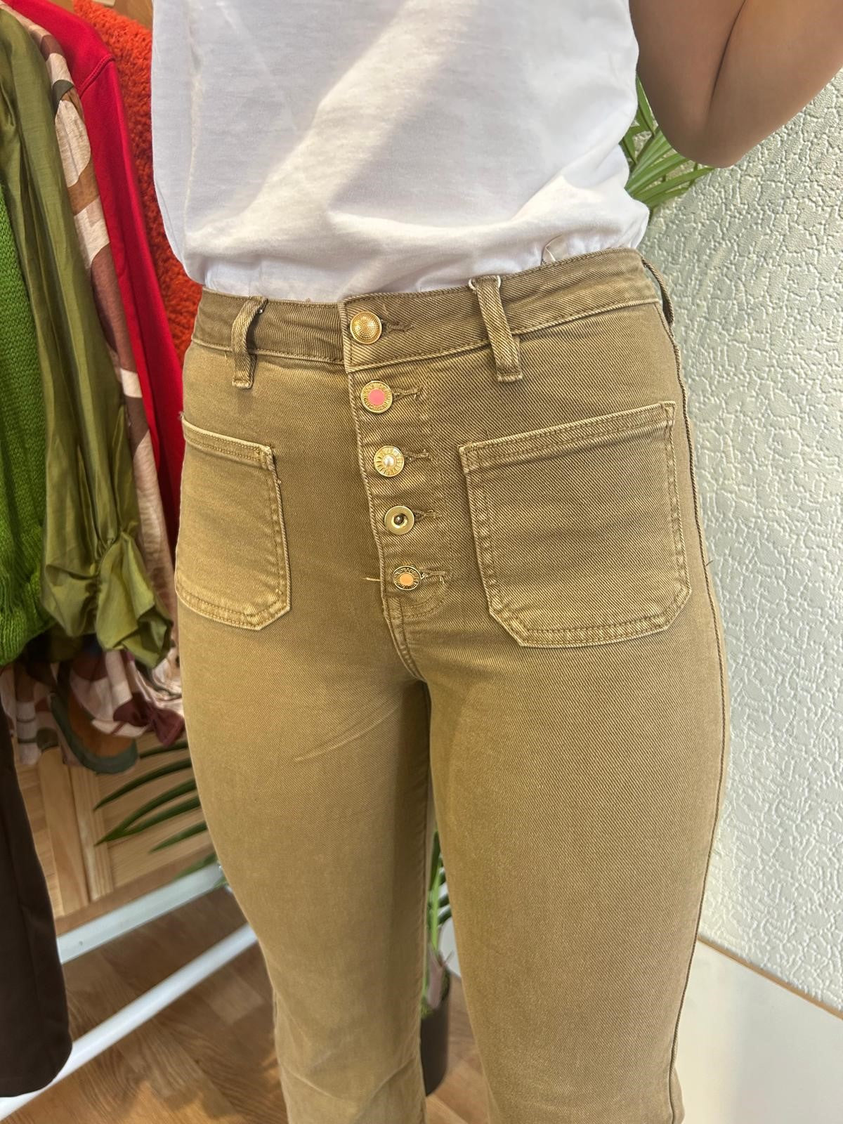 Khaki Button Front Jeans