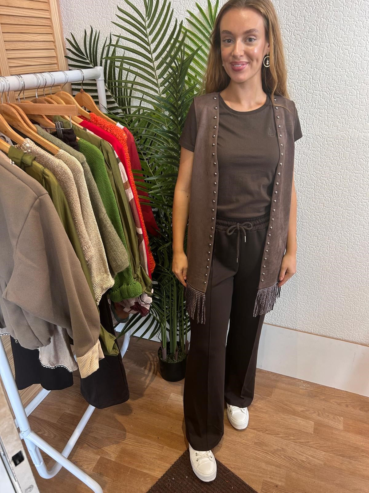 Chocolate Studded Fringed Gilet