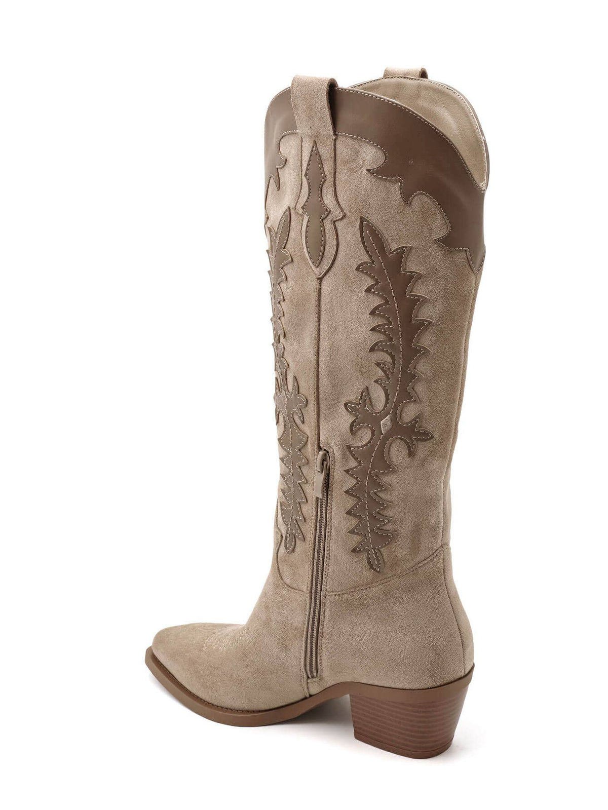 2552A Tall Two‑Material Cowboy Boots with Western Embroideries: KHAKI