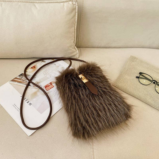 Soft Faux Fur Mobile Bag Essential Bag: Brown