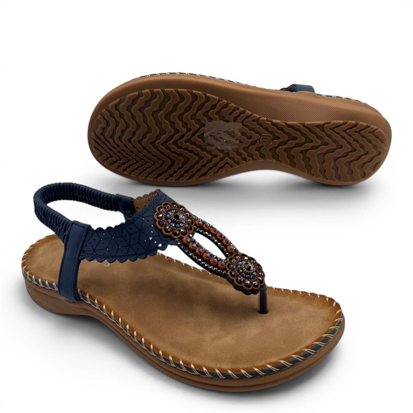 Women's Beaded Bohemian Flip Flop Sandals RT268-6: Beige