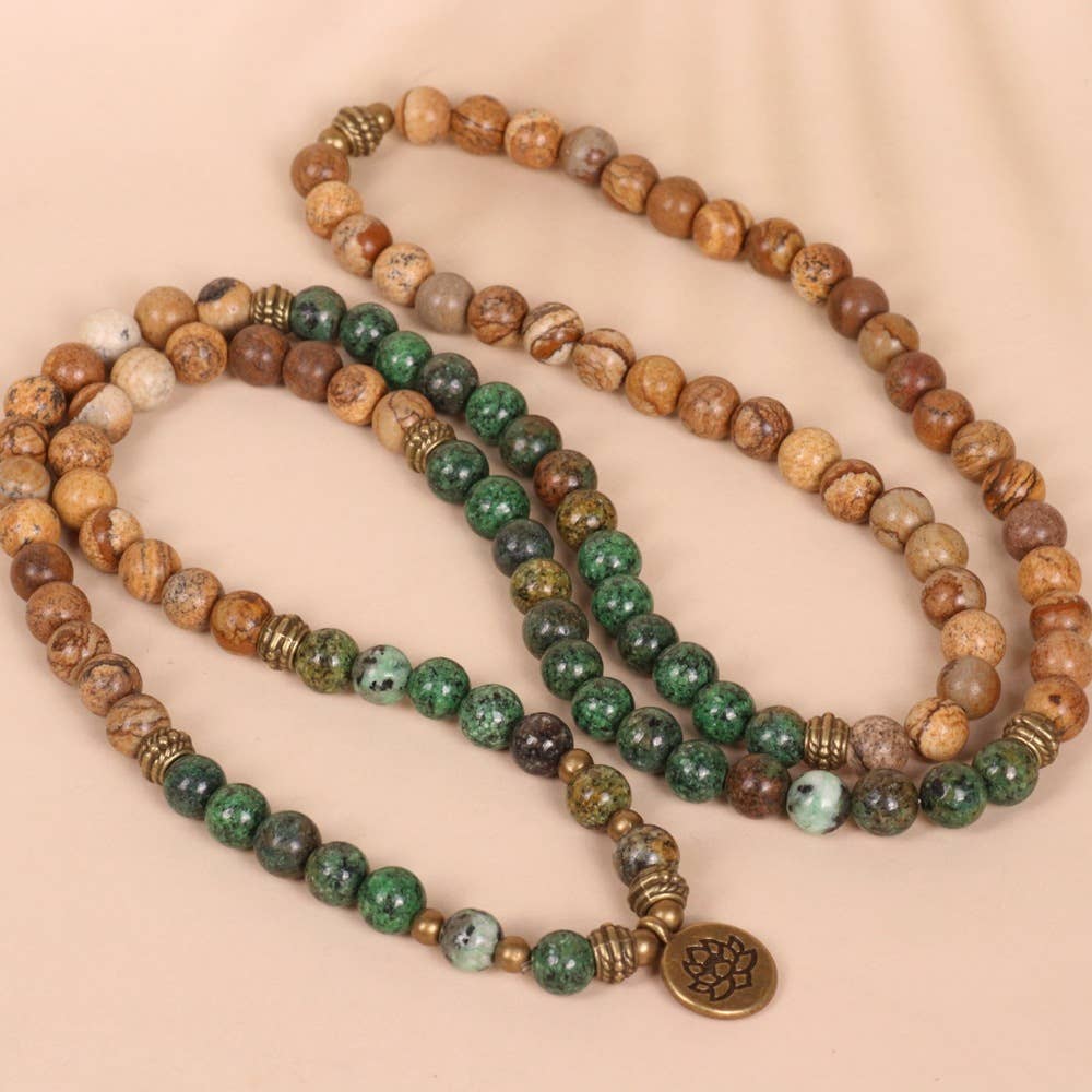108-Bead African Pine and Picture Stone Beaded Bracelet