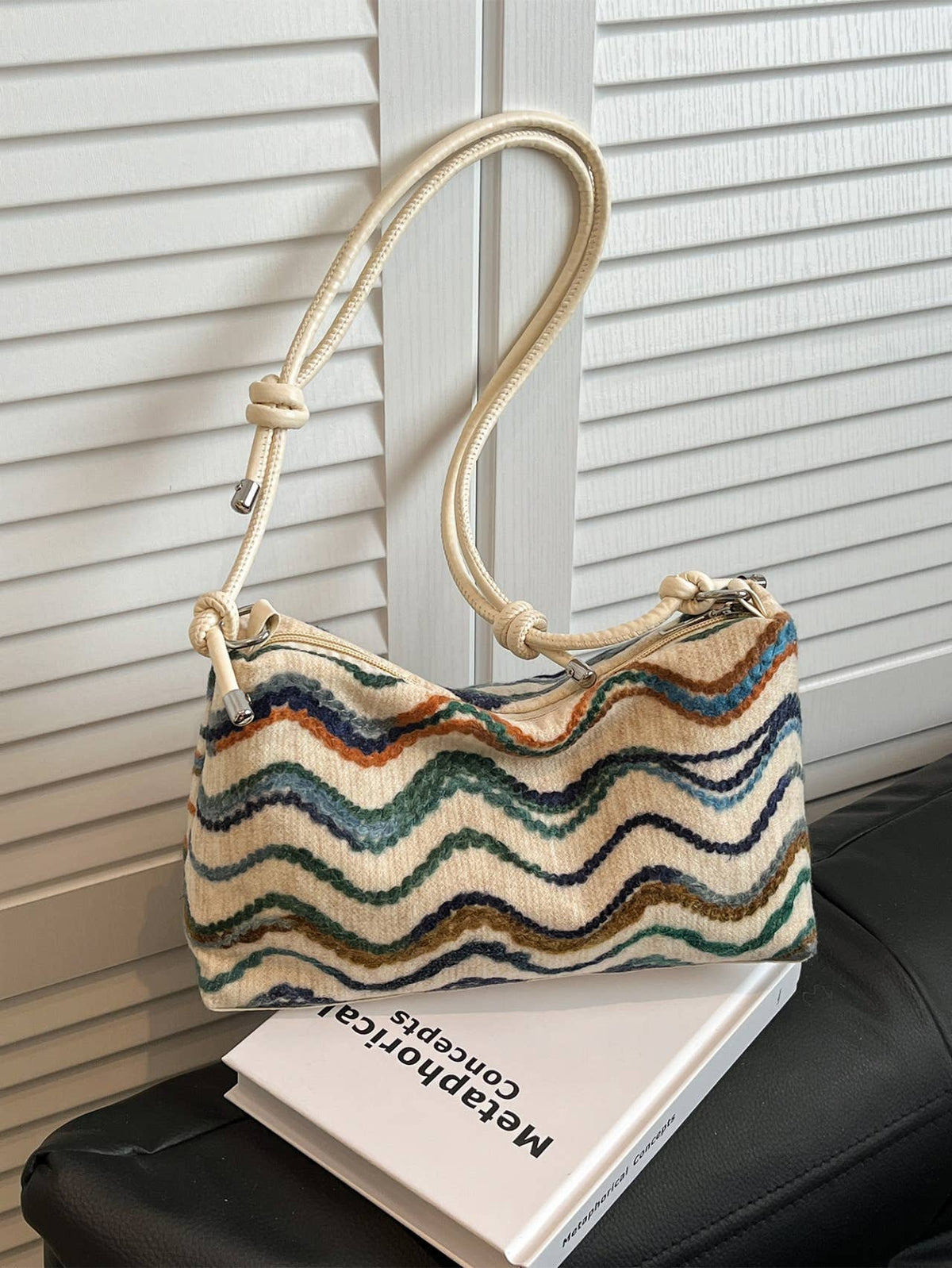 Medium Size Light Weight Multicolour Woven Top Handle Bag: Black