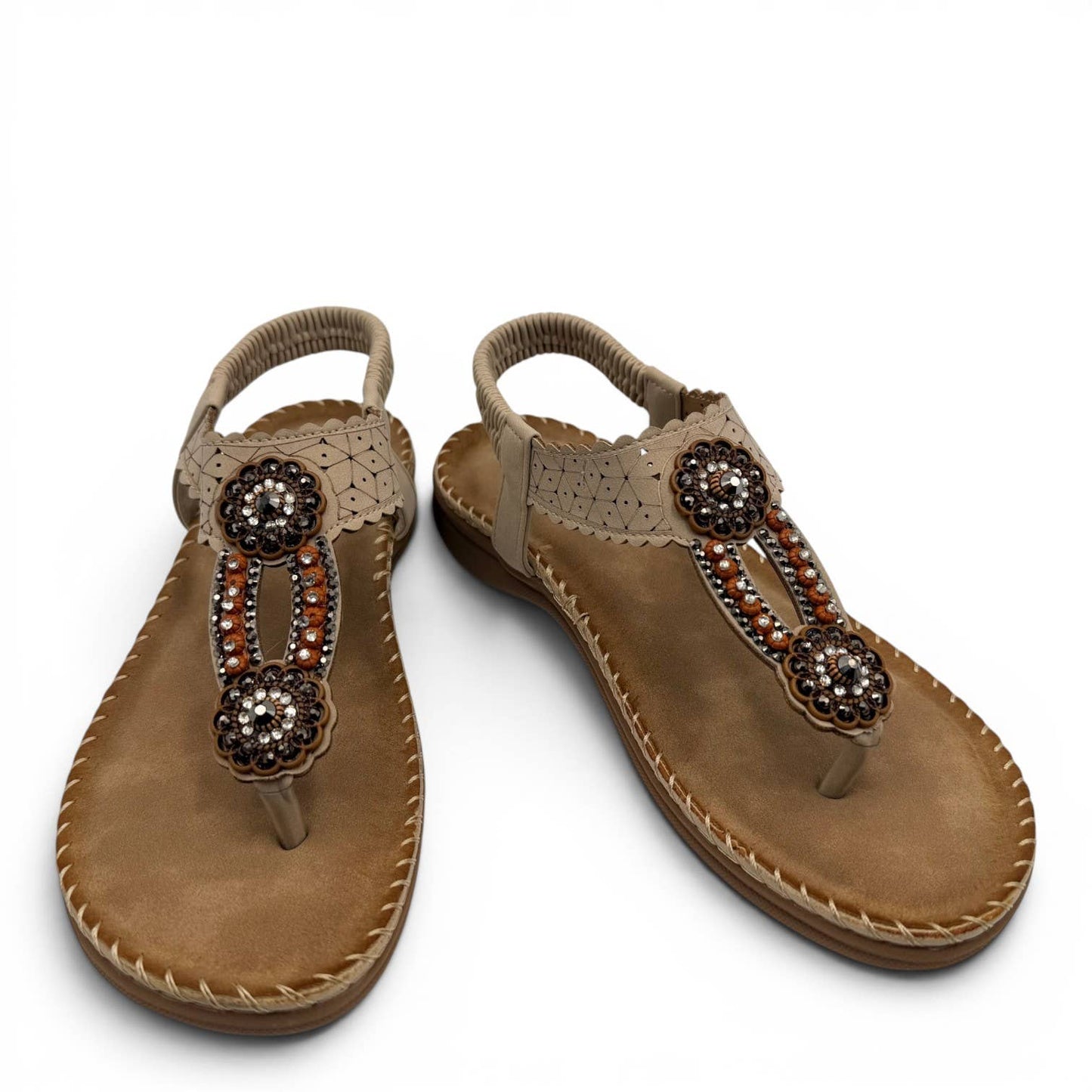 Women's Beaded Bohemian Flip Flop Sandals RT268-6: Beige