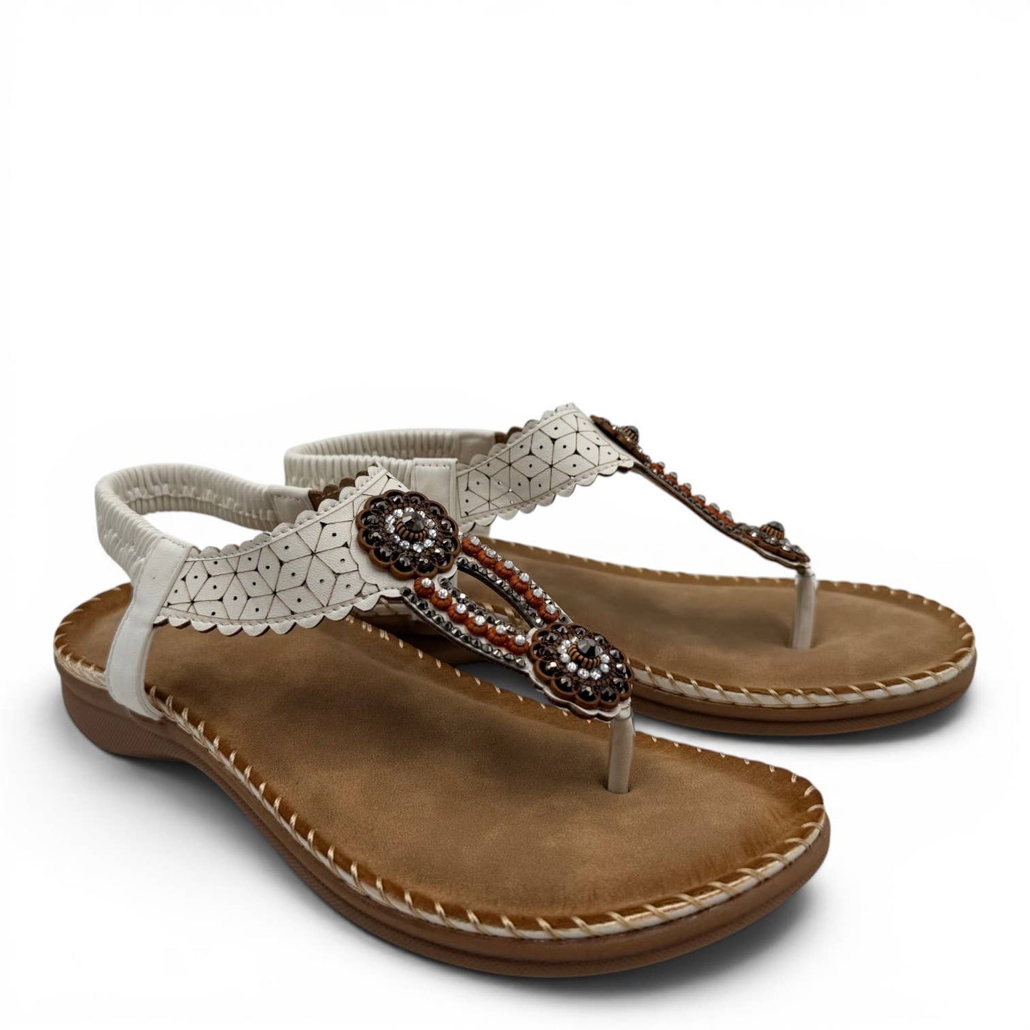 Women's Beaded Bohemian Flip Flop Sandals RT268-6: Beige