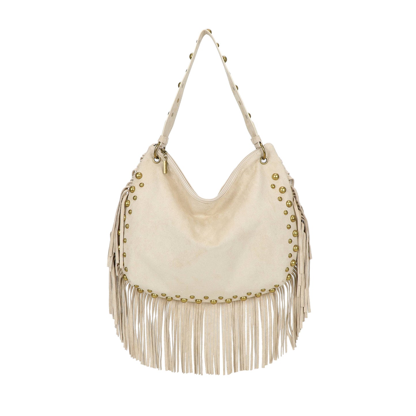H701 Fringe Hobo Bag with Stud Detail: Beige