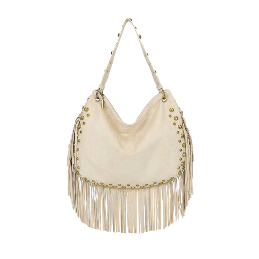 H701 Fringe Hobo Bag with Stud Detail: Beige