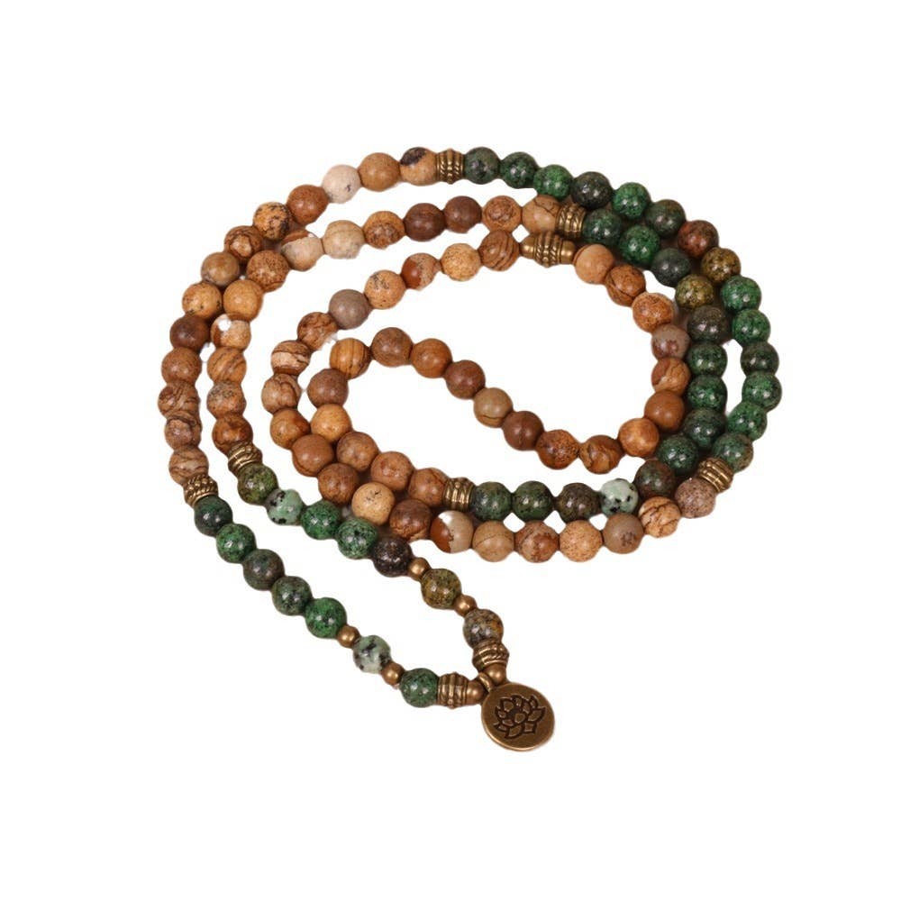 108-Bead African Pine and Picture Stone Beaded Bracelet