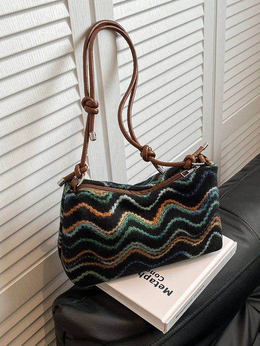 Medium Size Light Weight Multicolour Woven Top Handle Bag: Black