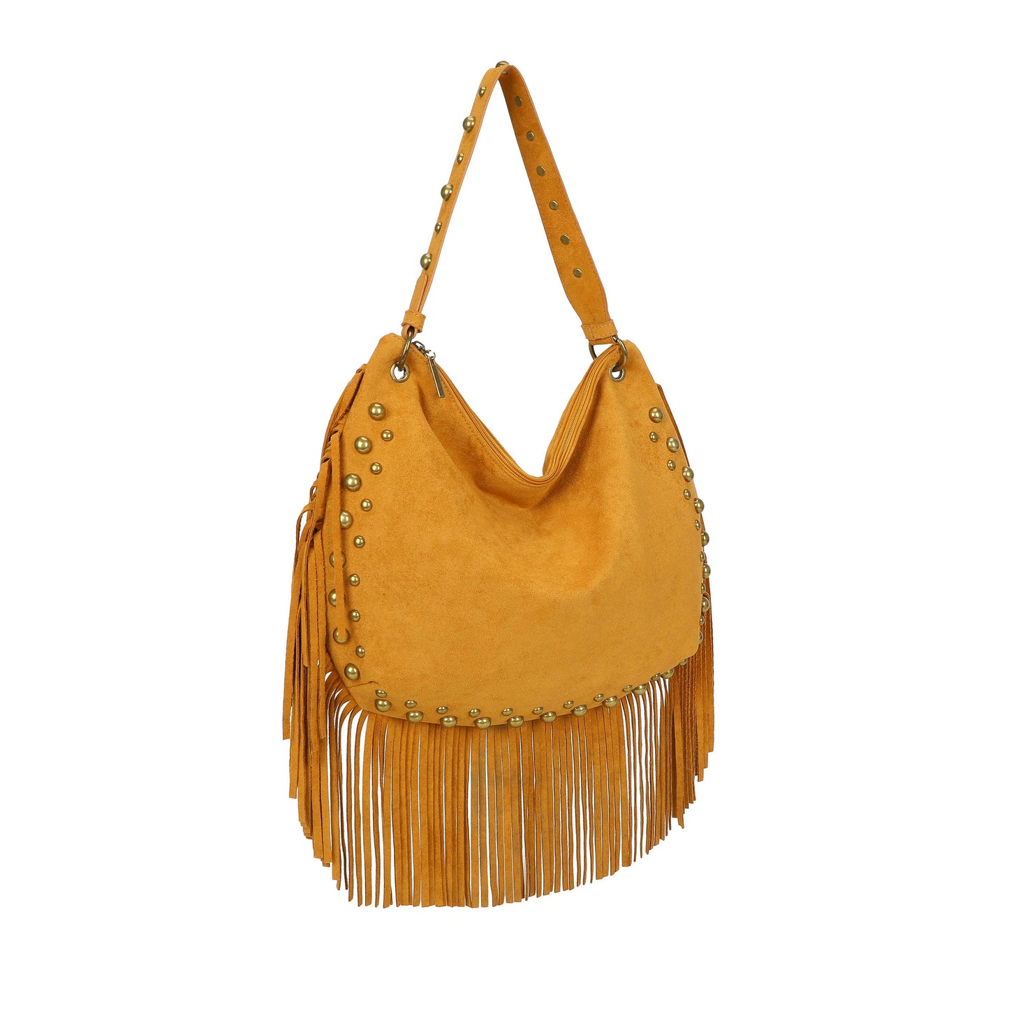 H701 Fringe Hobo Bag with Stud Detail: Beige