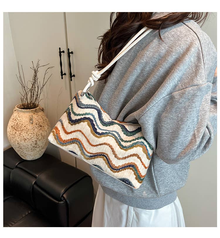 Medium Size Light Weight Multicolour Woven Top Handle Bag: Black