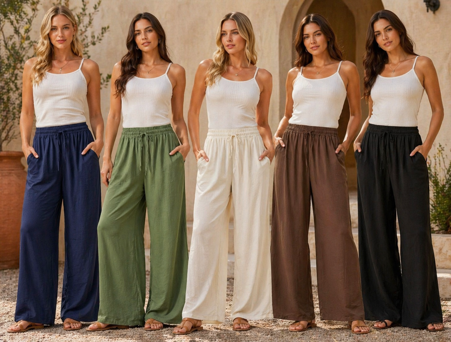 Wide Leg Elasticated Stretch Trousers: White