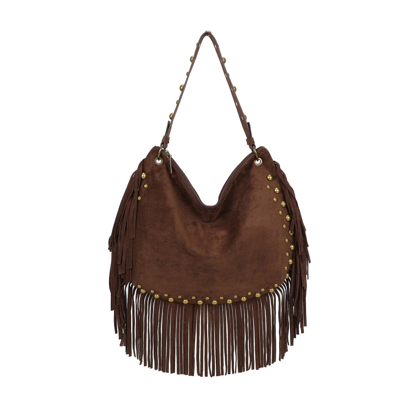 H701 Fringe Hobo Bag with Stud Detail: Beige