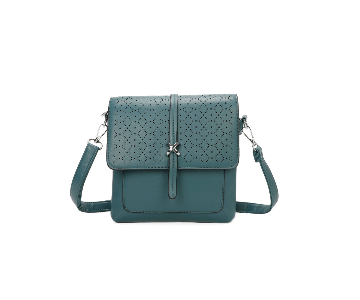 Small 3Compartment Cross Body Bag Laser Cut Shoulder Bag9126: Teal