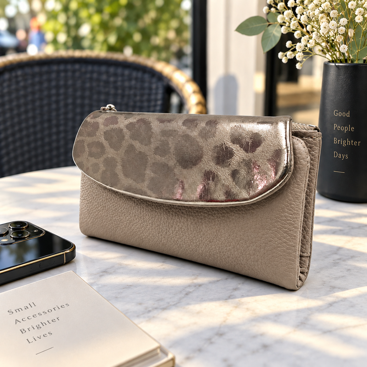 Soft Pu Metallic Leopard Print Long Purse Clutch + Gift Box: Apricot