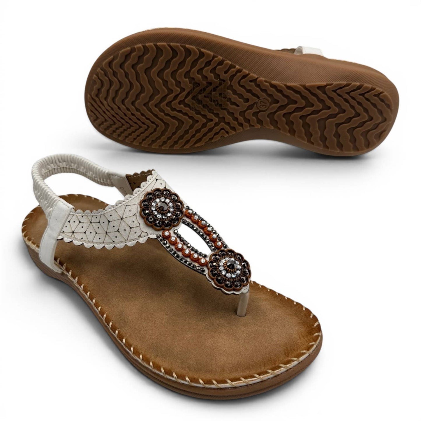 Women's Beaded Bohemian Flip Flop Sandals RT268-6: Beige