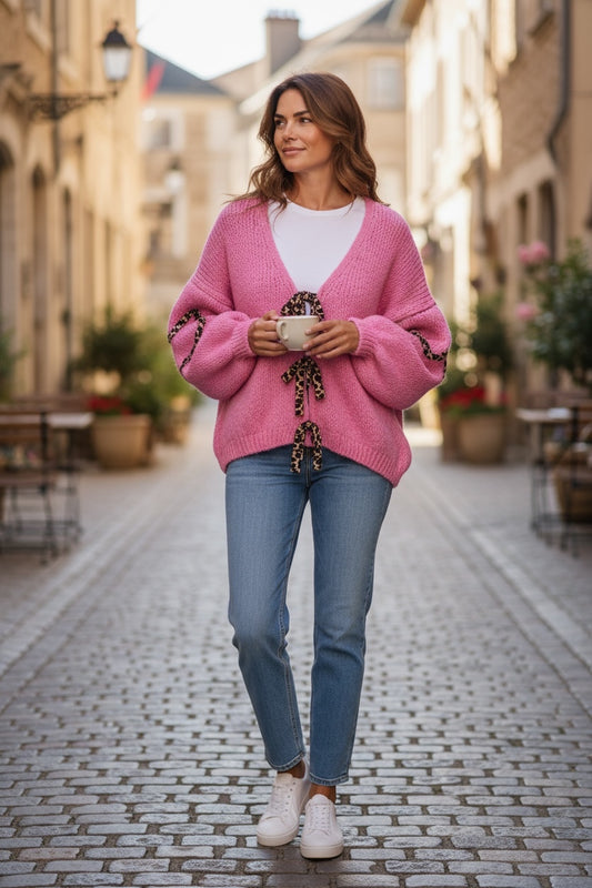 Hot Pink Leopard Detail Tie Cardi