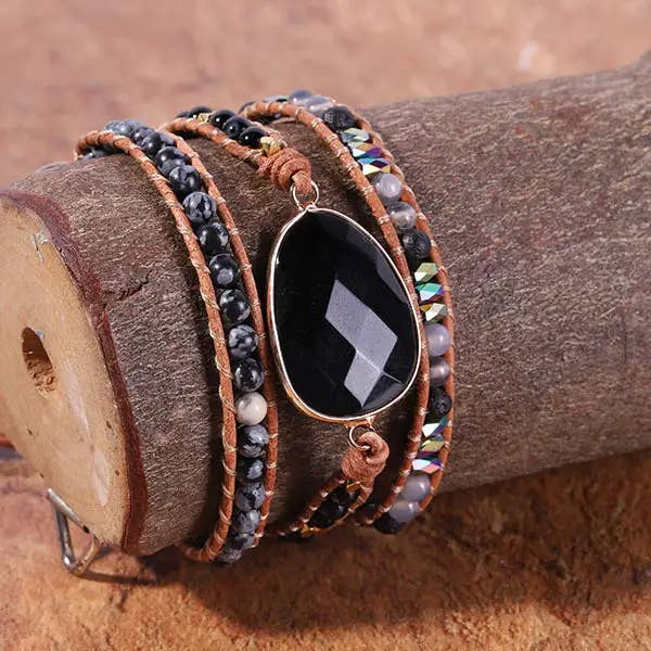 Black Onyx Leather Wrap Bracelet