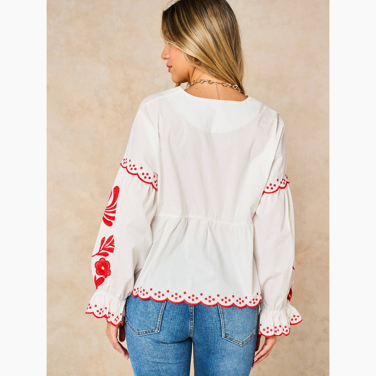 WHITE/RED EMBROIDERED TIE FRONT SHIRT