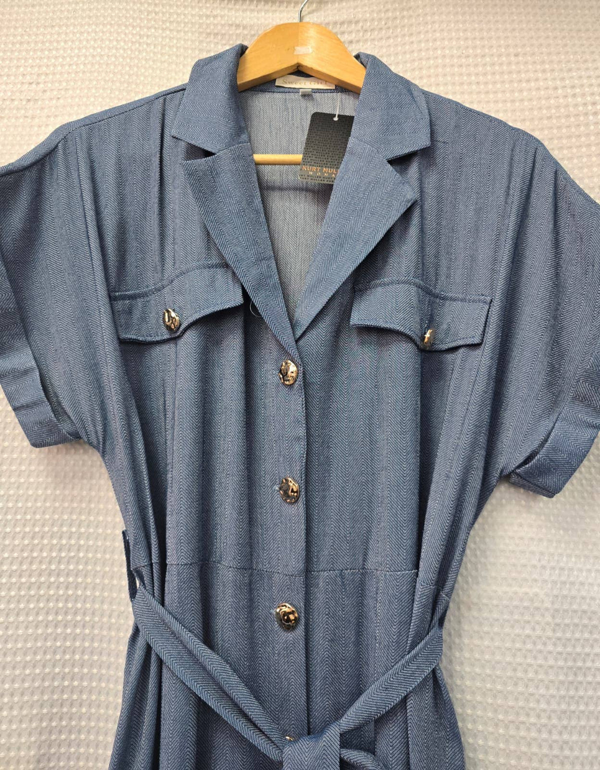 Pure Cotton Textured Gold Button Shirt Maxi Dress: Blue