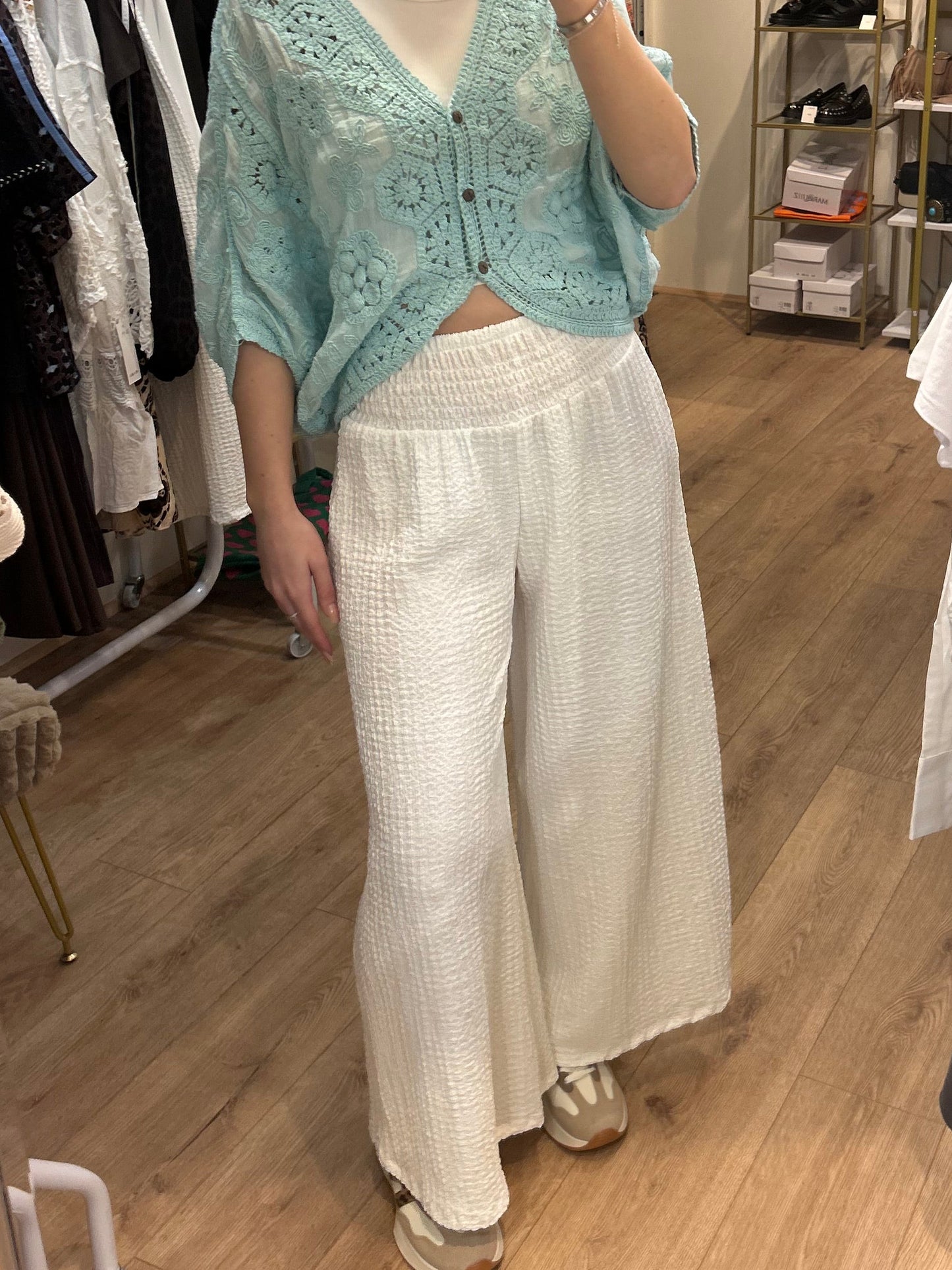 WHITE WIDE LEG WAFFLE TROUSER