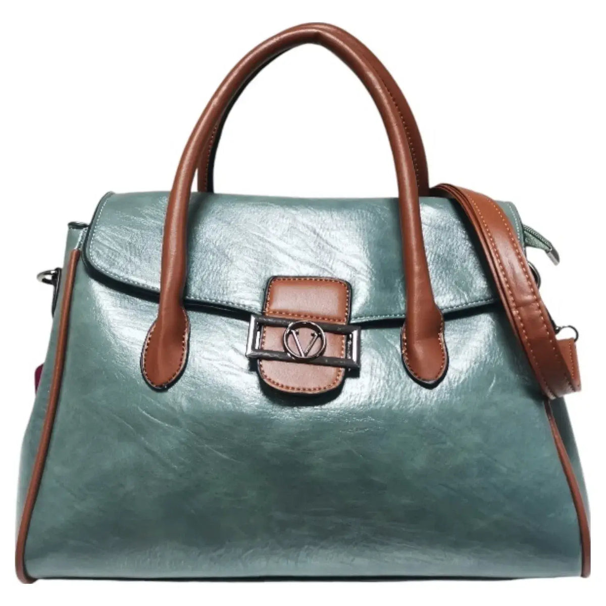 Two Toned Flap Over Top Handle Bag with "V" Badge-865-2: Green