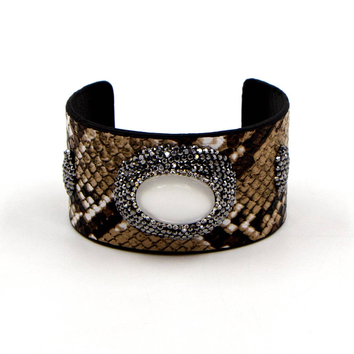 Classy snake effect PU open cuff with crystal studded mother of pearl oval feature
