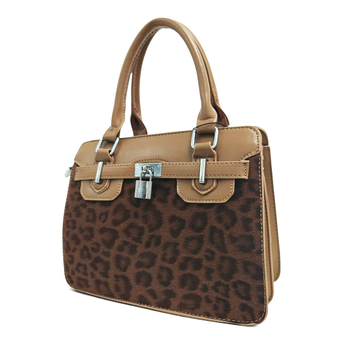 Medium Size Leopard Print Padlock Tote Bag-931-12: Mink